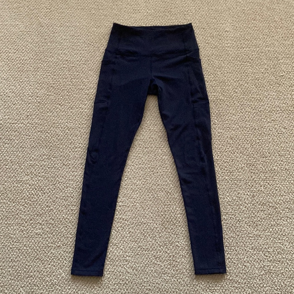 Senita Athletics High Rise Full Length Leggings Navy Blue Pockets Like New Small